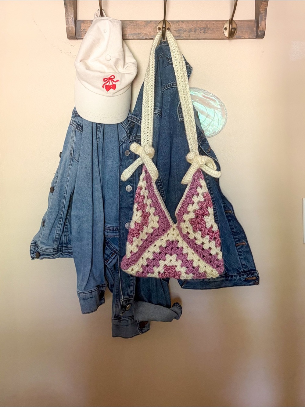 Handmade Granny Square Crochet Bag in Cream and Mauve- coastal grandma core